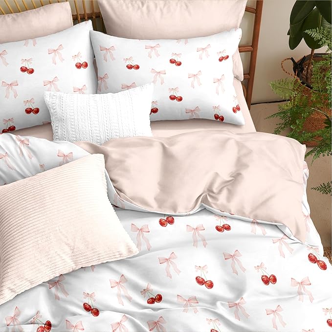 Nayoroom Pink Bow Duvet Cover Queen Size Reversible Red Cherry Duvet Cover 3 Pieces Soft Lightweight Microfiber Kids Girls Cute Aesthetic Dorm Bedding Set