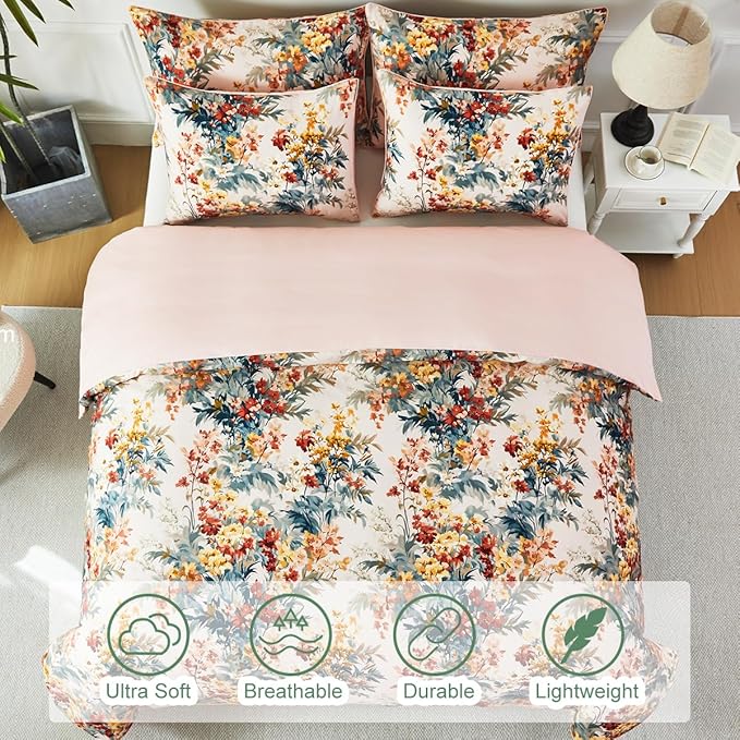 URBONUR Floral Duvet Cover Set Queen Size 3 Pieces 100% Cotton Silky Sateen Wildflowers Comforter Cover with 2 Pillowcases Soft & Breathable Bedding Sets