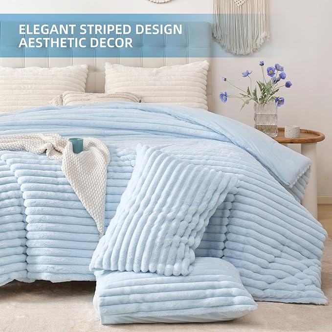 Smoofy Fluffy Full Size Comforter Sets 3 Pieces - Light Blue Fleece Fluffy Comforter Set, Luxury Fuzzy Full Bed Set, Soft Comforter Full Size All Season, Heavy Faux Fur Comforter with 2 Pillow Cases