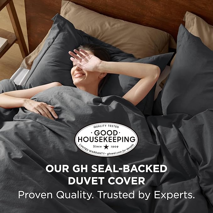 Bedsure 100% Washed Cotton Duvet Cover Queen Size - Charcoal Minimalist Cotton Duvet Cover Linen Like for All Seasons - GentleSoft™ Plain Simple Bedding (Charcoal, Queen, 90"x90")