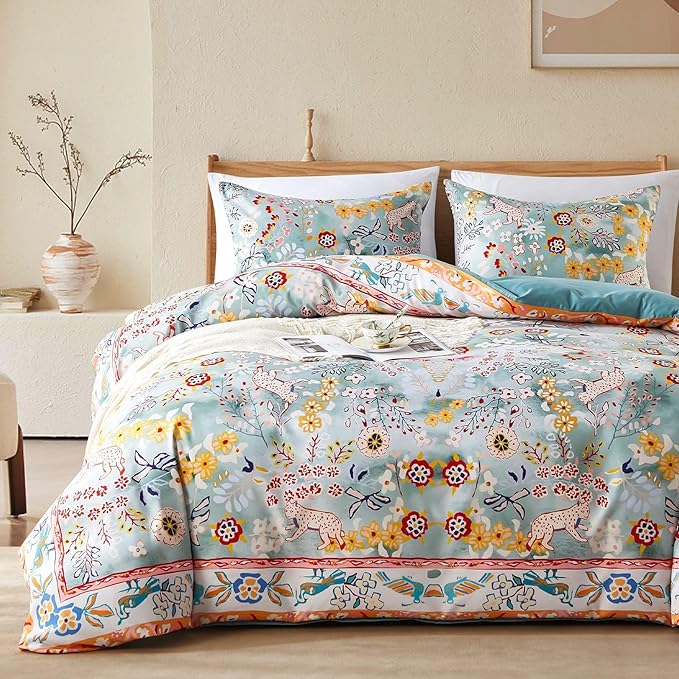 Cupocupa Duvet Cover Queen Size Set Boho Floral Pattern Queen Christmas Duvet Cover Set for Queen Size Bed Vintage Soft Bedding Leaf Print Duvet Cover with Pillowcases