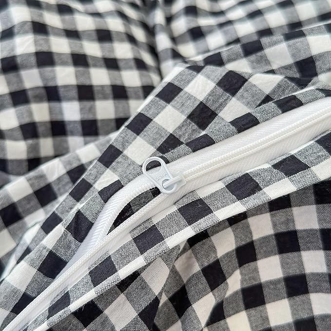 LifeTB Black White Gingham Duvet Cover Queen 100% Washed Cotton Modern Soft Grid Duvet Cover 3 Piece Vintage Plaid Checkered Comforter Cover Farmhouse Gingham Bedding Set Breathable
