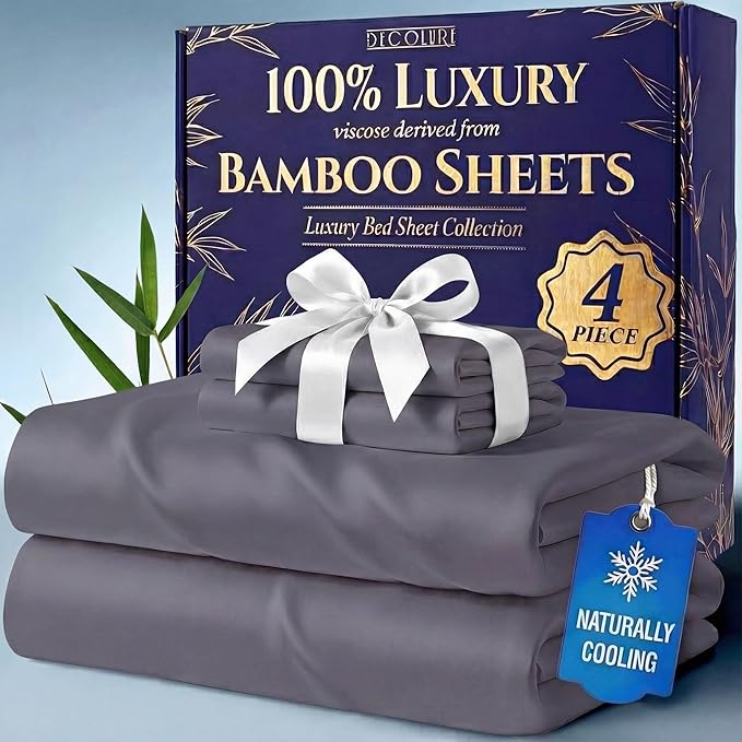 DECOLURE 100% Viscose Derived from Bamboo Sheets King Size - Luxury 4 Pc Naturally Cooling Sheets, Ultra Soft Bed Set - Deep 17" Pockets, Durable Double Stitching, Oeko Tex Standard (Grey)
