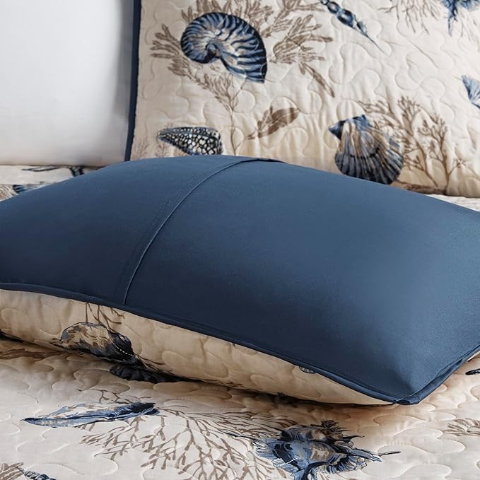 Madison Park Quilt Set Cottage Coastal Design, Starfish Print - All Season, Coverlet Bedspread Lightweight Bedding Layer, Shams, Toss Pillows, King/Cal King(104"x94"), Bayside Blue/Ivory 6 Piece
