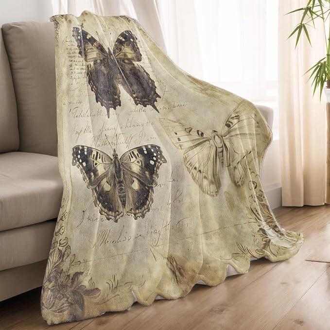 Retro Moth Blanket Lightweight Blankets Gifts for Adults Flannel Throw with Vintage Butterfly and Old Paper Background Printed for Sofa, Bed, Travel, Picnic, Office, Decor Throws 80x60 Inch