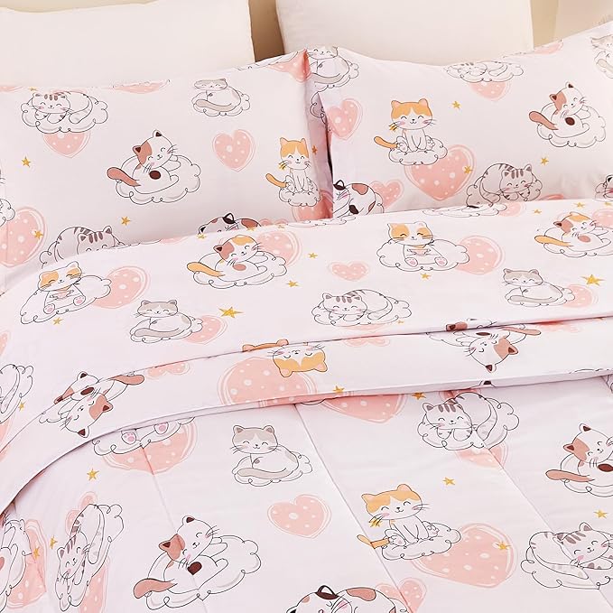 Yibeizi Cat Kids Comforter Set for Girls Twin, Cute Quilted Pink Heart Printed Bedding Set with Pillow Sham, Lightweight Soft Breathable Machine Washable Bed Set 2 Piece