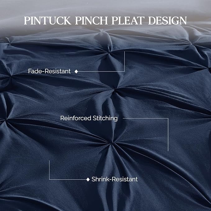 Andency Navy Blue Pinch Pleat Comforter Twin(66x90Inch), 2 Pieces(1 Pintuck Comforter, 1 Pillowcase) Microfiber Pintuck Comforter Set Down Alternative Comforter Bedding Set