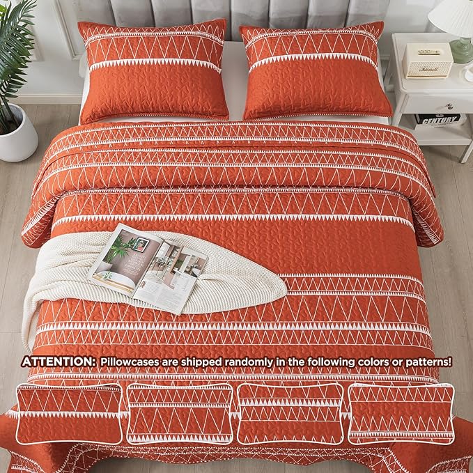 Andency Terracotta California King Quilt Set, 3 Pieces Boho Lightweight Soft Striped Cal King Bedspread for All Season (112"x104"), Printed Bohemian Microfiber Reversible Coverlet Comforter Sets