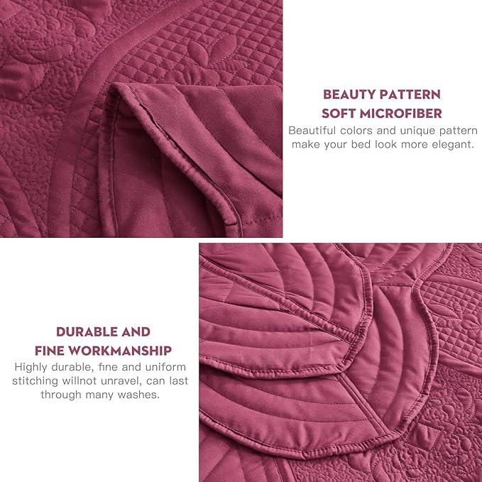 Oversized Bedspread - King Size Bedding Cover - Modern & Contemporary Coverlet Set, Real Stitching, Reversible, Lightweight, 5 Piece, Burgundy
