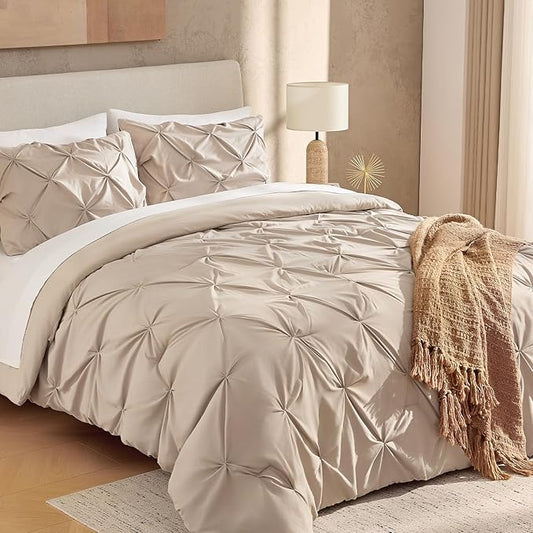 Andency Wheat Oversized King Comforter Set (120x98Inch), 3 Pieces Lightweight Pinch Pleat Cal King Bedding Comforters & Sets, Oversized Pintuck Soft Fluffy Down Alternative Bed Set for All Season