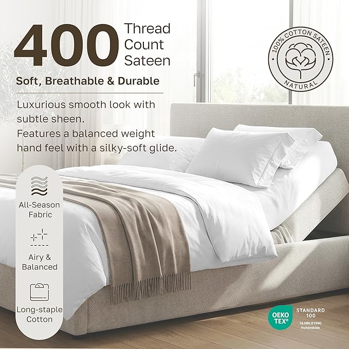 California Design Den Split King Sheets Sets for Adjustable Bed - Soft 400 Thread Count Sateen, Natural 100% Cotton Sheets, Deep Pockets for a Snug Fit, Durable Bedding Set - White