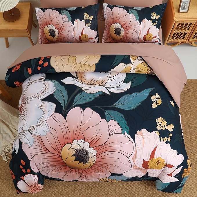 Xruibed Queen Comforter Set Blue Floral Comforter Queen Size 7 Pieces Bed in a Bag Flower Bedding Comforter Sets Lightweight Boho Bed Set with Sheet,Pillowcases&Shams for All Season