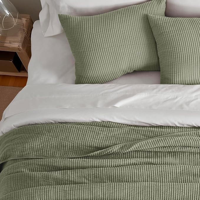 EVERGRACEHOME Cotton Coverlet Set Full Queen Size 3 Pieces, Lightweight Soft Ribbed Matelassé Bedspread Quilt Set, Oversized Quilted Bedding Set with 2 Pillow Shams for All Seasons, Light Sage Green