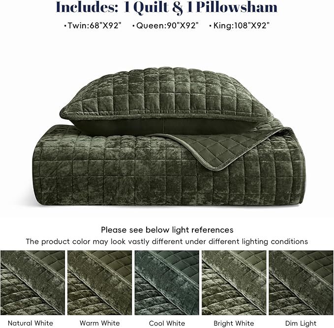 PHF Luxurious Velvet Quilt Set Twin Size – 2PCS Super Soft Quilted Comforter Alternative with Square-Box Quilt Pattern, Warm Quilted Bedspread Coverlet, 68" x 92", Smokey Olive