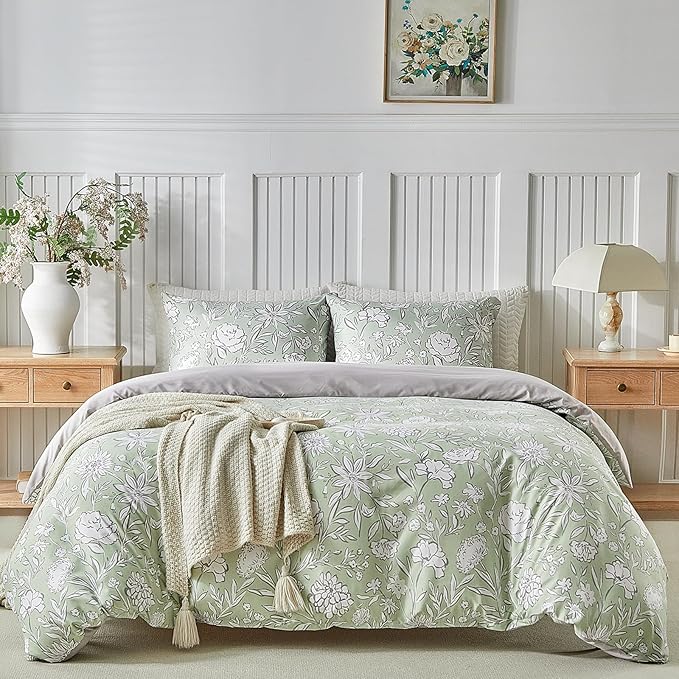 Lekesky Queen Size Duvet Cover Set, Reversible Duvet Cover Queen with White Floral Pattern, Lightweight Soft Microfiber Comforter Cover, 3 Pieces Green Bedding Set with Zipper and 2 Pillowcases
