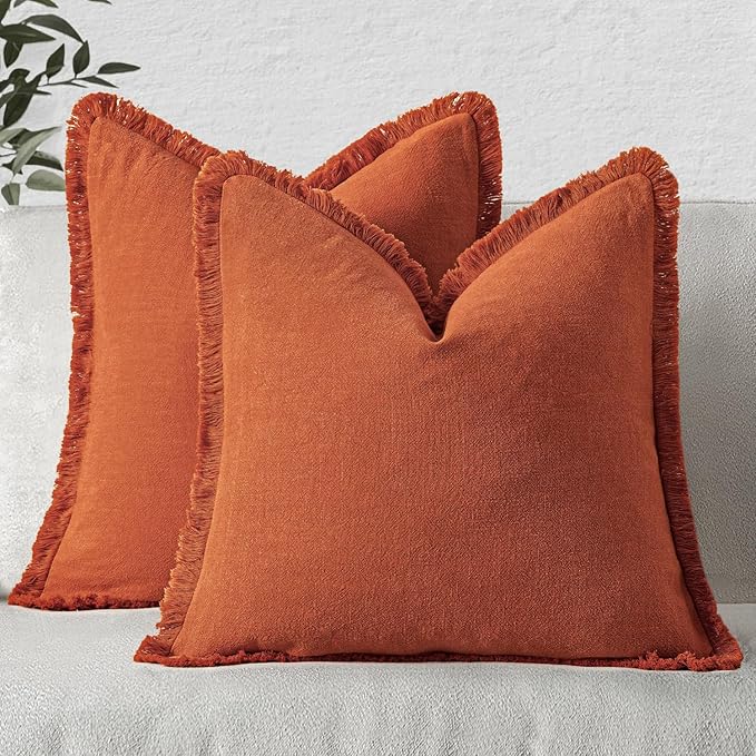 MIULEE Decorative Throw Pillow Covers Neutral Linen Fringe Throw Pillows Set of 2 Burnt Orange Boho Farmhouse Cushion Covers with Tassels for Couch Sofa Bed Living Room Home Decor 18x18 Inch