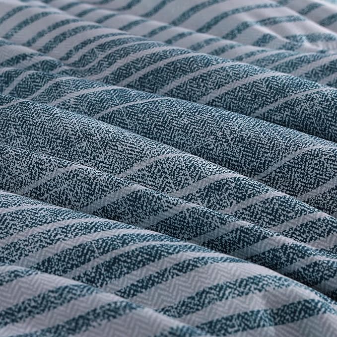Full Comforter Set Striped, Lake Blue Bedding Set 7 Pieces for Boys Girls Teen, All Season Bed in a Bag for Dorm with Sheets, Pillowcases & Shams