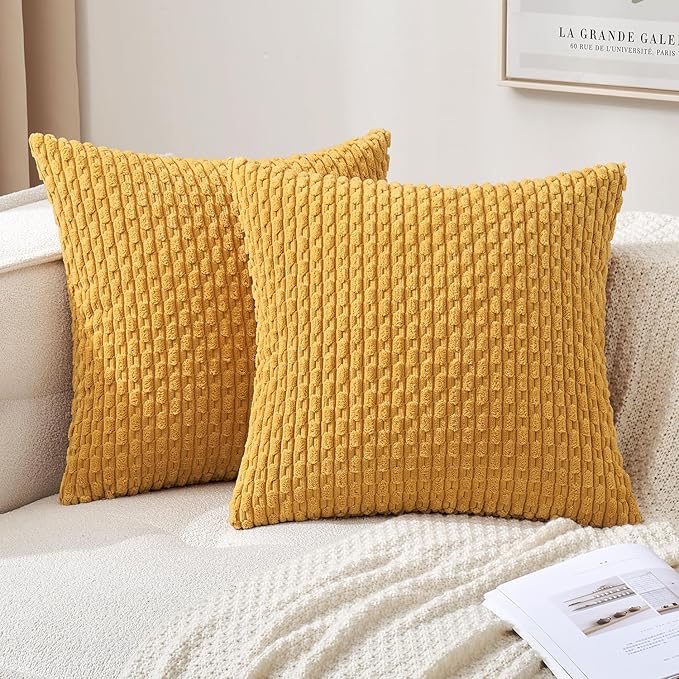 MIULEE Pack of 2 Decorative Throw Pillow Covers 16x16 Inch Soft Boho Striped Textured Corduroy Pillow Covers Modern Farmhouse Home Decor for Couch Bed Sofa Living Room Yellow