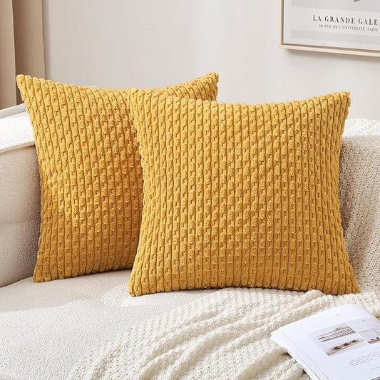 MIULEE Pack of 2 Decorative Throw Pillow Covers 16x16 Inch Soft Boho Striped Textured Corduroy Pillow Covers Modern Farmhouse Home Decor for Couch Bed Sofa Living Room Yellow