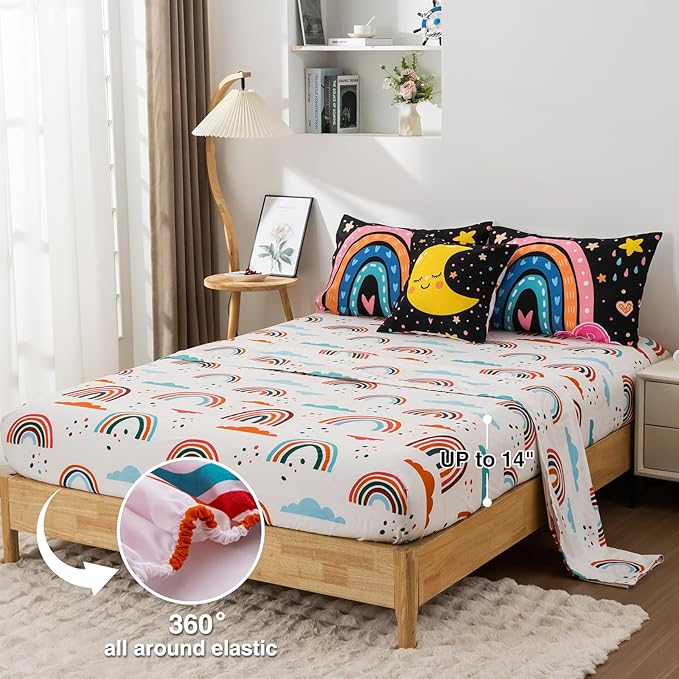 A Nice Night Bedding 6 Pcs Cartoon Rainbow Bedding Set with Smile Moon Printed for Boys Girls Bed Comforter Sets (Black, Twin)
