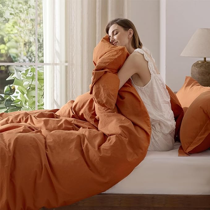 Bedsure 100% Washed Cotton Duvet Cover King Size - Burnt Orange Minimalist Cotton Duvet Cover Linen Like for All Seasons - GentleSoft™ Plain Simple Bedding (Burnt Orange, King, 104"x90")