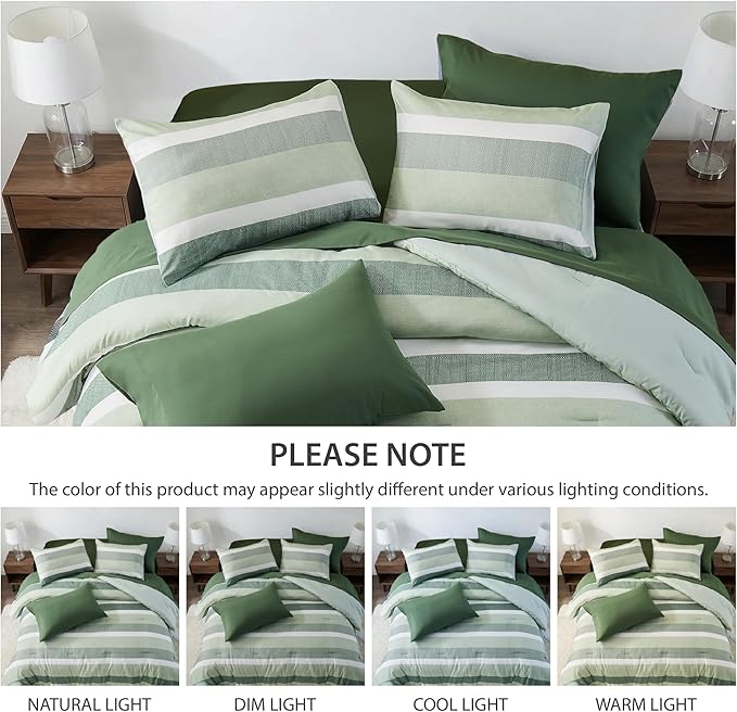 Full Size Modern Striped Comforter Set, Lightweight Soft Microfiber Bedding Sets for All Season 7 Pieces Bed in A Bag Set with Comforter, Sheets, Pillowcases & Shams, Sage Green
