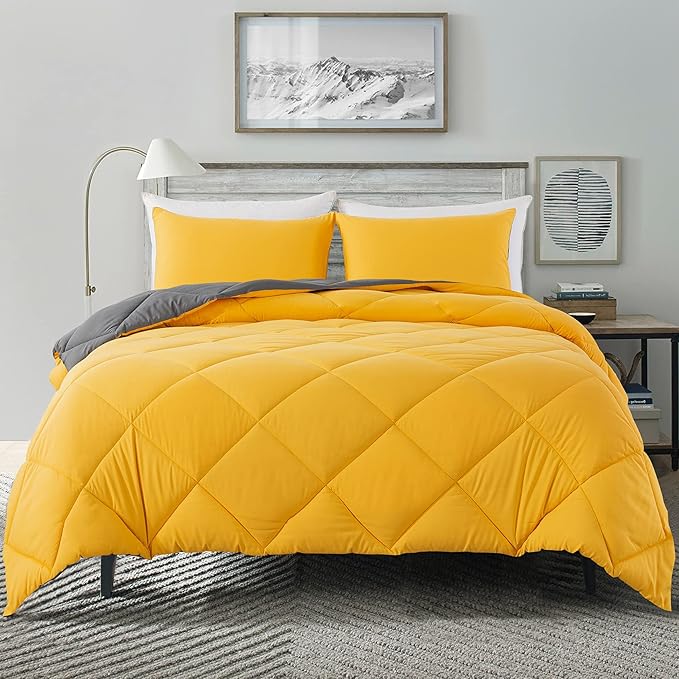 Decroom Lightweight Queen Comforter Set with 2 Pillow Sham - 3 Pieces Set - Quilted Down Alternative Comforter/Duvet Insert for All Season - Yellow/Grey - Queen Size