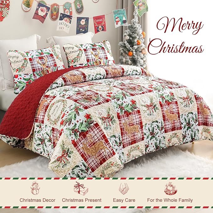 Exclusivo Mezcla Reversible Christmas Quilts King Size, Red Bedspread Lightweight Coverlet Winter Patchwork Quilt Bedding Set with Printed Reindeer Wreaths Pattern (1 Quilt, 2 Pillow Shams)