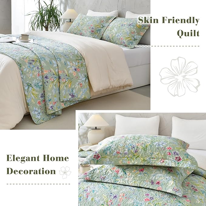 QSH 3Pcs Green Floral Quilt Oversized Queen Size (102"x118") -100% Cotton Quilt Oversized Queen Set Summer Flower Bird Butterfly Printed Bedspread Coverlet Extra Soft Lightweight with Pillowcases