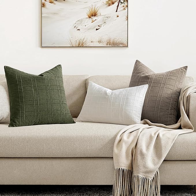 MIULEE Decorative Linen Check Euro Shams Throw Pillow Covers Neutral Farmhouse Vintage Spring Pillow Covers 22x22 Set of 2 Boho Modern Home Decor for Sofa Couch Bedroom Cushion Dark Olive Green