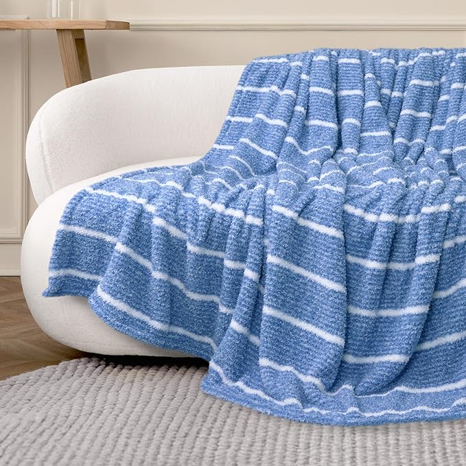 DEZ FURNISHINGS Oversized Cozy Knit Look Cloud-Soft Plush Printed Fleece Throw Blanket, Lightweight & Breathable, Queen (90" x 90"), Persian Blue Stripe