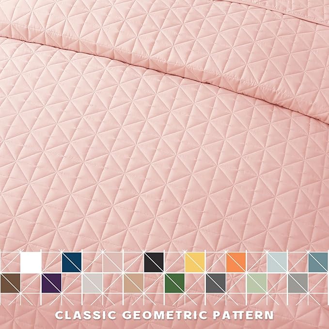 Exclusivo Mezcla Quilts King Size Bedding Set with Stitched Grid Pattern, Lightweight Summer Pink Bedspreads Coverlets Bed Cover for All Seasons (1 Quilt and 2 Pillow Shams)