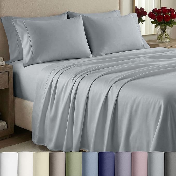 California Design Den Deep Pocket King Sheet Set - 1000 Thread Count Sateen, Thick and Natural 100% Cotton Sheets King Size, Durable Bedding Set - Light Grey