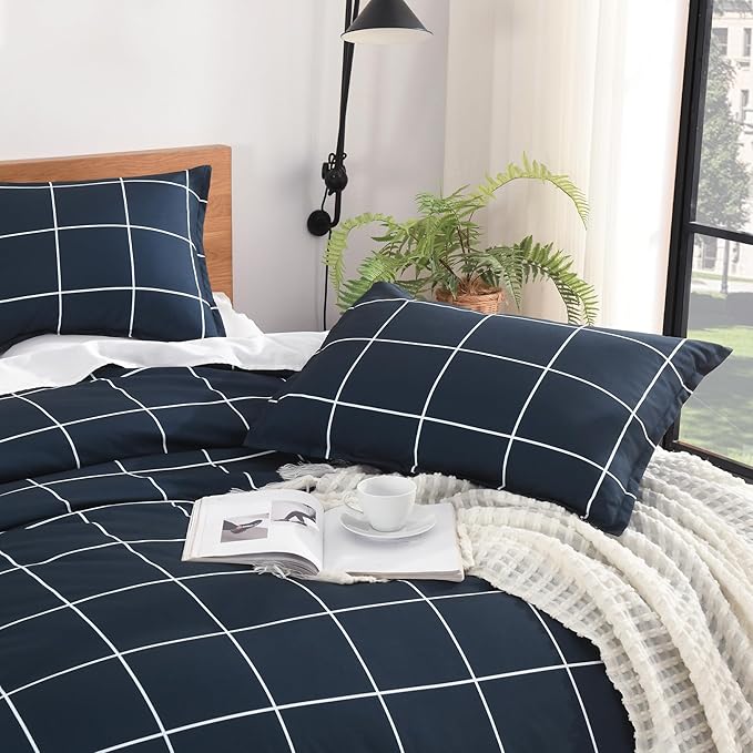 Andency Navy Plaid Comforter Queen(90x90Inch), Dark Blue Grid Gingham Buffalo Plaid Bed Set for Boys Kids Teens, 3 Pieces Lightweight Microfiber Geometric Preppy Bedding