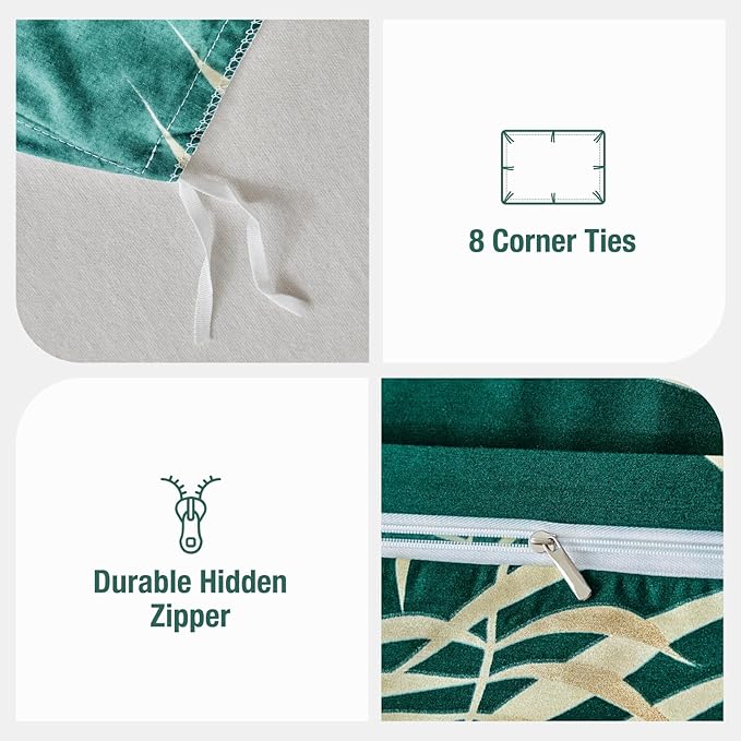 Lekesky Queen Duvet Cover Set, Green and Gold Tropical Palm Leaf Pattern Comforter Cover Queen Size, 3 Pieces Soft Microfiber Bedding Sets with Zipper & 2 Pillowcases, Green