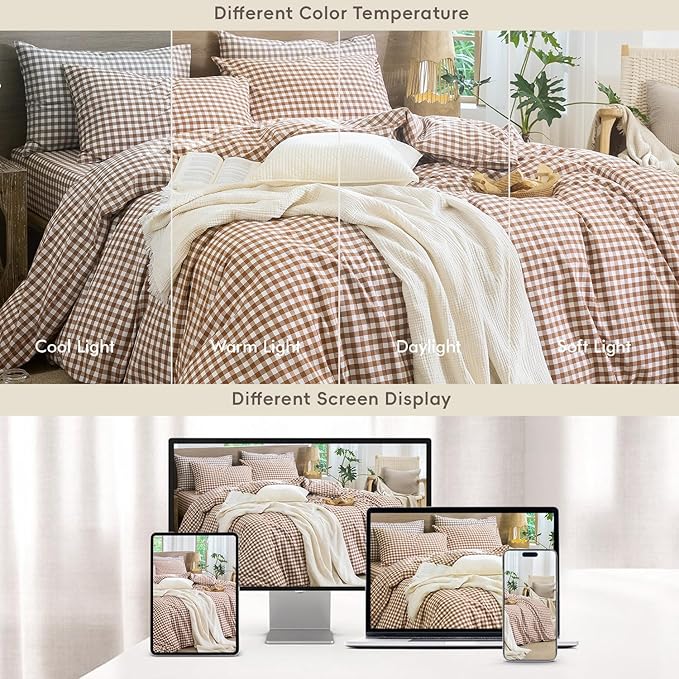 MooMee Gingham Duvet Cover Set 100% Washed Cotton Linen Like Textured Breathable Durable Soft Comfy Modern Checkered Design (Dark Orange Gingham, Cal King 104"x98")