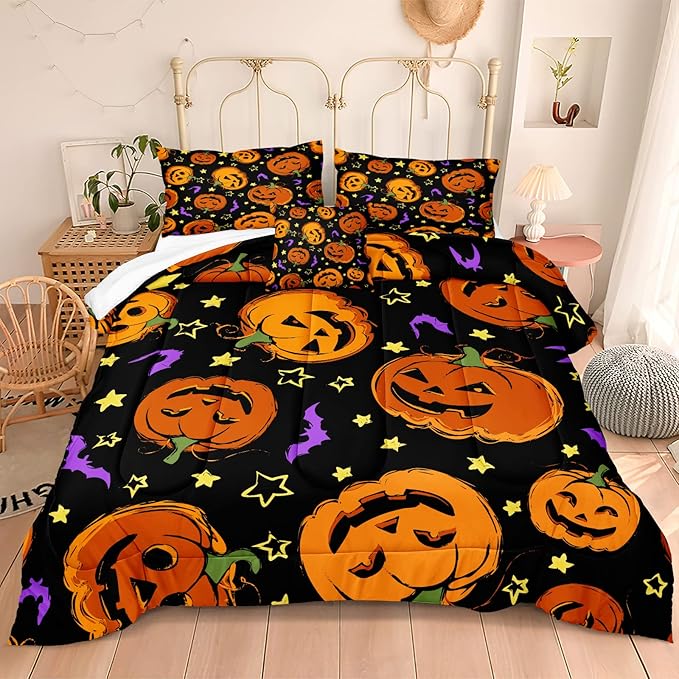 Bedbay Pumpkin Halloween Comforter Set Queen Size Black and Gold Bedding Set Cartoon Pumpkin Festival Themed 4 Pcs Comforter Set Halloween Decorations (Orange,Queen)