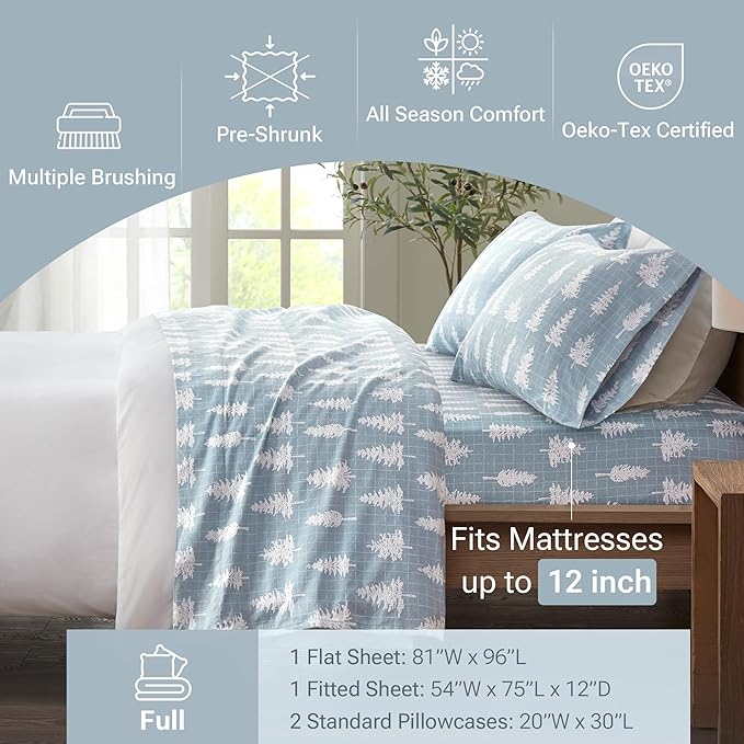 True North by Sleep Philosophy Cozy Flannel Warm 100% Cotton Sheet - Novelty Print Animals Stars Cute Ultra Soft Cold Weather Bedding Set, Full, Blue Forest 4 Piece