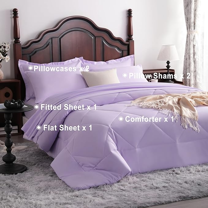 NTBAY King Comforter Set with Sheets, 7 Pieces Soft and Breathable King Bedding Set, Bed in a Bag, Down Alternative Comforter Set Solid Color All Season, Light Purple