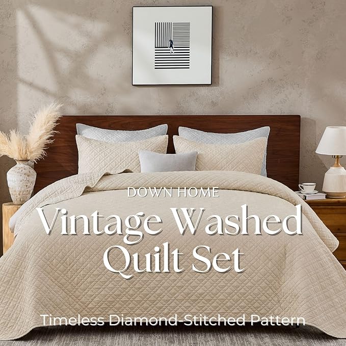 DOWN HOME Twin Quilt Set with Sham Lightweight Quilted Bedspread Coverlet Thin Comforter Bed Cover Vintage Washed Quilted Blanket for All Season, Brushed Microfiber Diamond Stitching, Beige, 66"x92"
