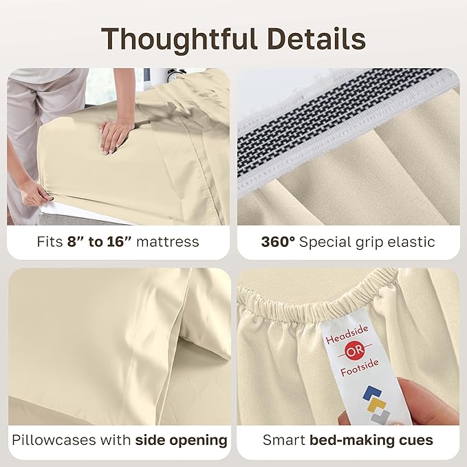 California Design Den Queen Bed Sheets Set - 1000 Thread Count Sateen, Thick and Natural 100% Cotton Sheets Queen Size, Deep Pockets, Durable Bedding Set - Ivory (Creamy Beige Tone)