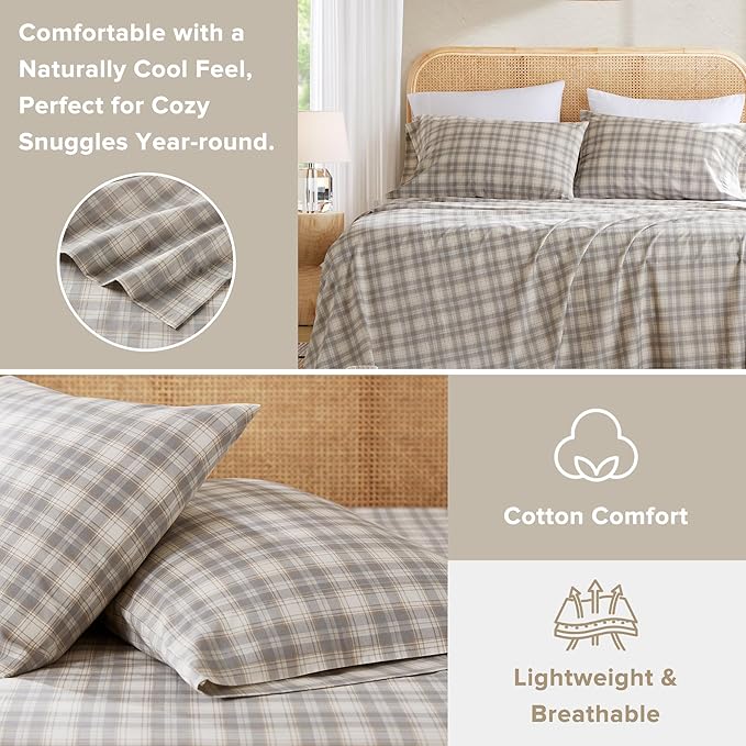 Comfort Spaces 100% Cotton Sheets Full, Breathable, Naturally Cool Cotton Sheets, Soft Cotton Bed Sheets with 14" Elastic Pocket Fits up to 16" Mattress, All Seasons Sheet Set, Wesley Taupe 4 Piece