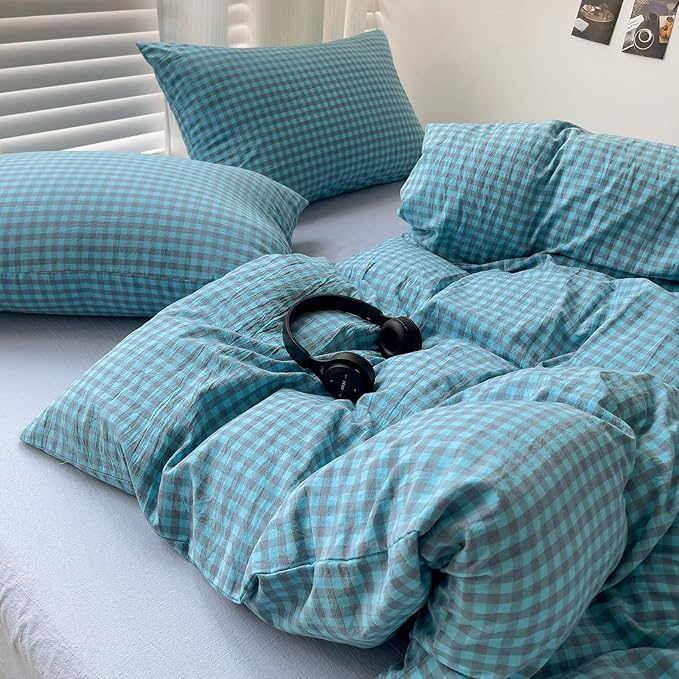 LifeTB Blue Gingham Comforter Set King 3 Pieces Blue Grey Grid Checkered Pattern Comforter with 2 Pillowcases Farmhouse Gingham Grid Bedding Set Soft Fluffy Modern Geometric Plaid Comforter Set
