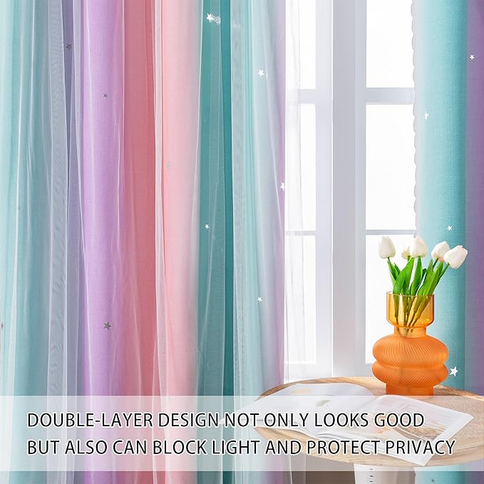XiDi Blackout Curtains 90 Inches Long for Girls Bedroom, Room Darkening Grommet Window Ombre Curtains 2 Panel Sets, Kids Unicorn Princess Theme Decor Colorful Rainbow Design Pink/Purple/Green 34x90