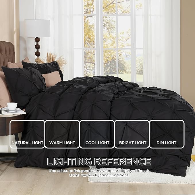 Litanika Black King Pinch Pleat Duvet Cover, 3 Pieces Pintuck Cover Soft Microfiber Bedding Set with Zipper Closure & Corner Ties(104x90Inch-1 Duvet Cover, 2 Pillowcases)