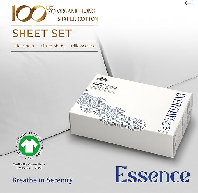 Mayfair Linen 100% Organic Cotton Sheets Twin XL Size - 3 PC Organic Cotton Twin XL Size Percale Weave Sheet Set, Cooling, Crisp & Breathable, 16" Deep Pocket Hotel Quality Bedding Set - Light Grey