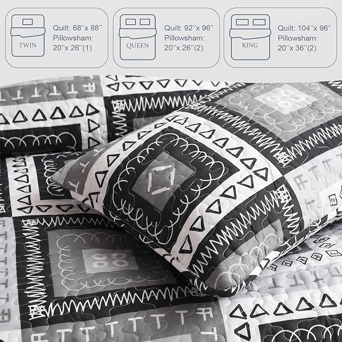 Exclusivo Mezcla Reversible Boho Quilts Twin Size, Black Bedspreads Lightweight Coverlet All Season Patchwork Quilt Bedding Set with Printed Floral Pattern (1 Quilt, 1 Pillow Sham)