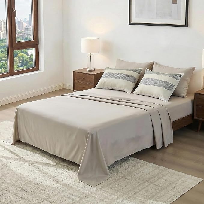 Full Size Modern Striped Comforter Set, Lightweight Soft Microfiber Bedding Sets for All Season 7 Pieces Bed in A Bag Set with Comforter, Sheets, Pillowcases & Shams, Neutral