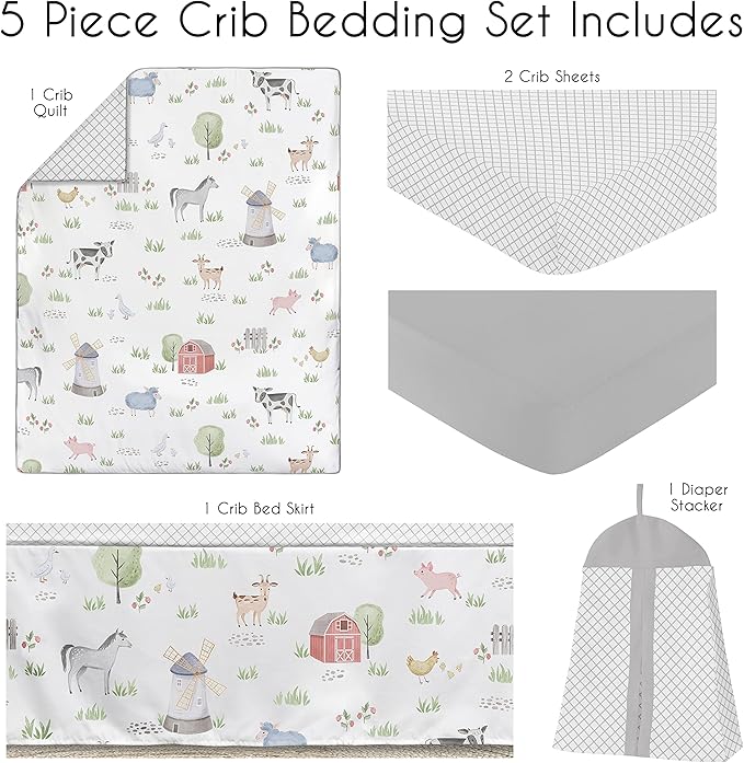 Sweet Jojo Designs Farm Animals Boy or Girl Baby Crib Bedding Set for Infant Nursery Room Grey Red Black and White Gender Neutral Watercolor Farmhouse Lattice Gray Green Barn Horse Cow Sheep Pig