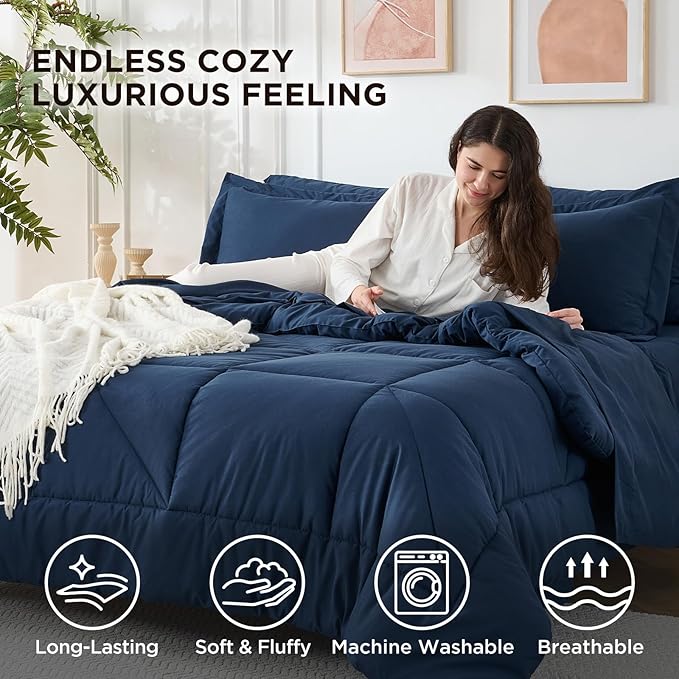 7 Pieces Full Comforter Set - Utral Soft Microfiber Bedding Set, Thick Duvet Insert Bed in a Bag Without Rustling Noise for All Season, Navy (82"x86")